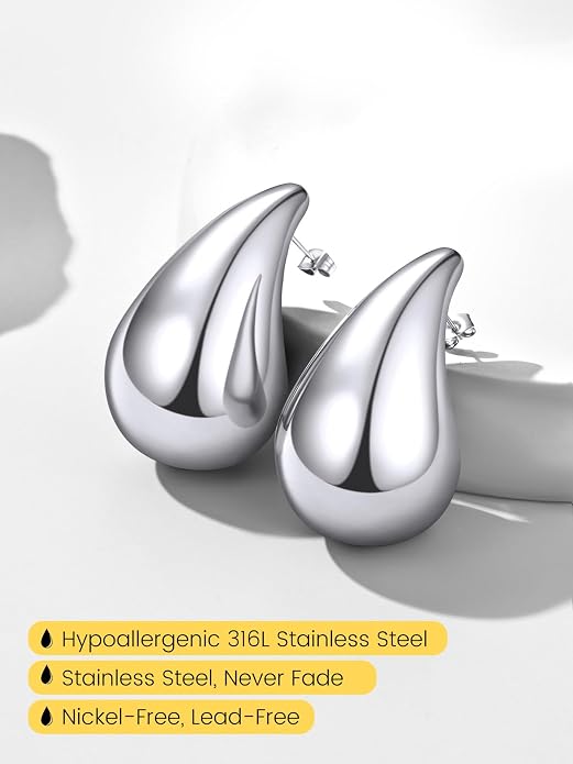KeyStyle Chunky Gold Hoop Earrings for Women Trendy, Stainless Steel TearDrop Hoops Earring, Lightweight Water Drop Ear Jewerly