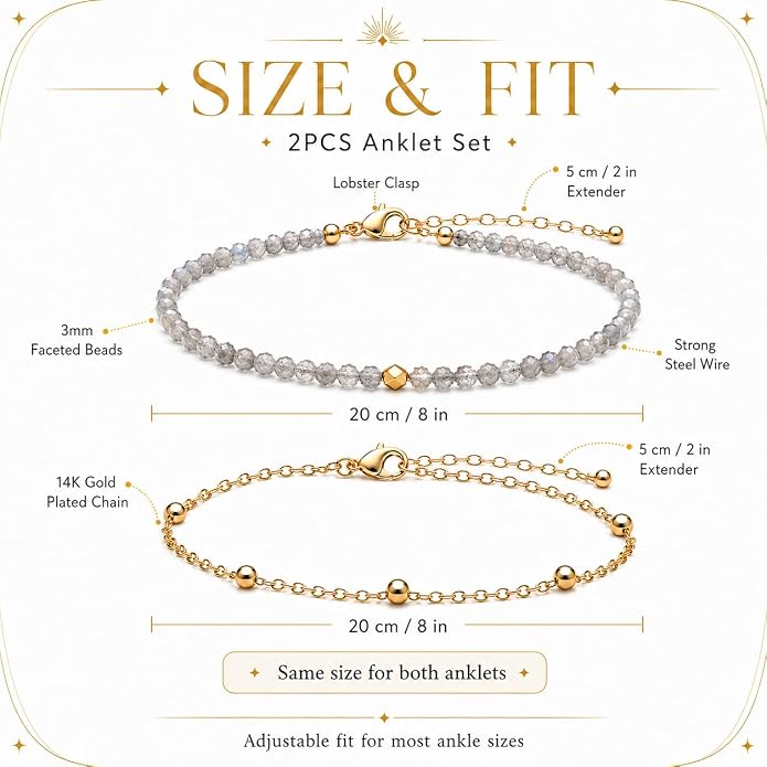 2Pcs Beaded Anklets for Women, Natural Stone Bead Ankle Bracelets with 14K Gold Plated Chain, Waterproof Adjustable Layered Anklet Set, Boho Beach Summer Jewelry Gift
