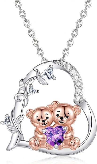 PELOVNY Teddy Bear Necklace for Women 925 Sterling Silver Bear/Highland Cow/Fox/Cat/Axolotl Birthstone Necklace Christmas Birthday Jewelry Gifts for Mom Daughter Wife Sister