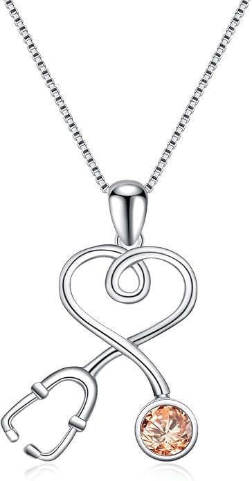 AOBOCO Stethoscope Necklace 925 Sterling Silver Embellished with 12 Months Birthstone Crystals from Austria, Graduation Gifts Medical Jewelry for Doctor Nurse Medical Student RN