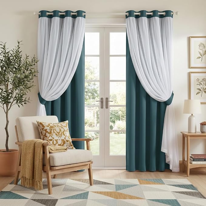 PONY DANCE Nursery Curtains Pink - Curtains for Bedroom Decor Aesthetic Cute Double Layer with Sheer Overlay Windows Covering, 52 x 84 inches, Slateblue, 2 Panels