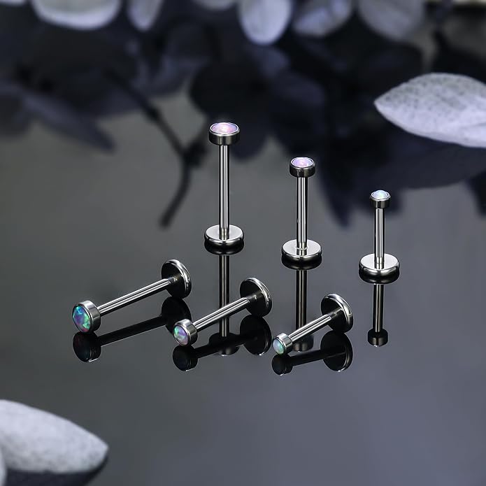 Ruifan Titanium Flat Back Lip Rings Externally Threaded Earrings Studs Nose Rings 20G 18G 16G Jeweled Round Opal Tragus Cartilage Lobe Rook Helix Conch Labret Medusa Piercing Jewelry for Women Men