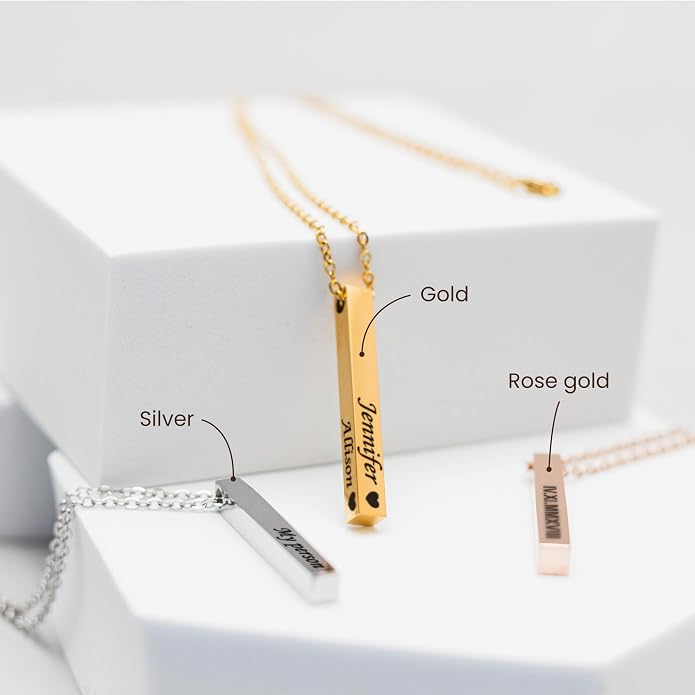 Personalized bar necklace for women, custom engraved stainless steel name plate necklace gift gold, silver and rose gold for mothers day, coordinates, dates, roman numeral, friendship, christmas