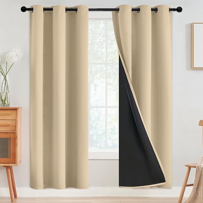 SimpleHome Beige 100% Blackout Curtains Room Darkening Living Room 72 Inch | Curtains for Bedroom,Thermal Insulated Grommet Window Drapes,Curtains for Living Room with Black Back,42 x 72 Inch,2 Panels