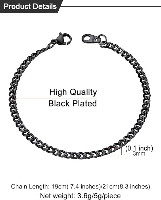 U7 Link Bracelets for Men, Cuban Link/Rope/Watch Band Solid Bracelet, Silver Black Gold Color Wrist Bracelet 3/6/9/12/15mm Width, 6.5/7.5/8.3 Inch Length, Hand Chain Jewelry for Mens Women