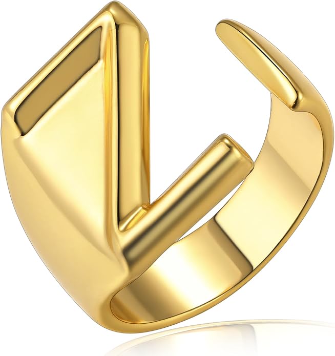 KeyStyle Bold Initial Letter Rings Adjustable, GoldChic Jewelry Women Gold Statement Ring Personalized Engraved Women’s Open Signet Ring for Party (Gold, White Gold, Black)