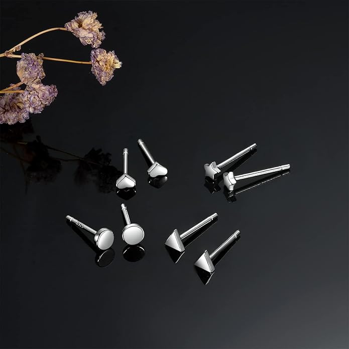 EPIRORA Sterling Silver Stud Earrings for Women Men- 4 Pairs of Hypoallergenic Simple Geometric Small Stud Earring Set Tiny Circle Triangle Square Bar Stud Earrings Mini Cartilage Tragus Earrings