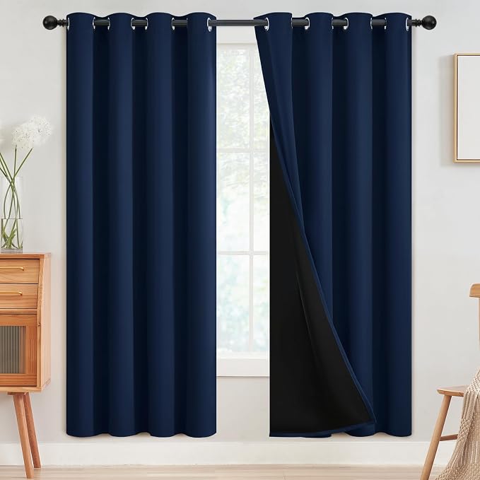SimpleHome Navy Blue 100% Blackout Curtains Room Darkening Living Room 72 | Curtains for Bedroom,Thermal Insulated Grommet Window Drapes,Curtains for Living Room with Black Back,52 x 72 Inch,2 Panels