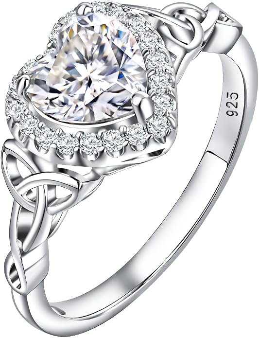 DAYBYDAY Celtic Birthstone Rings for Women 925 Sterling Silver Heart/Round/Pear/Oval Created Gemstone Moissanite Halo Engagement Promise Rings for Her Wife Birthday Anniversary Wedding Jewelry