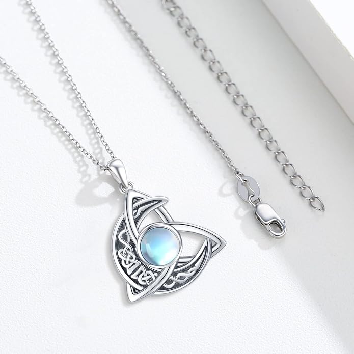 CHENGHONG Celtic Moon Necklace for Women 925 Sterling Silver Celtic Knot Moonstone Pendant Necklace Crescent Irish Necklaces Celtics Jewelry Gift for Women Men