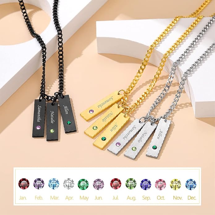 Custom4U Personalized Birthstone Bar Necklaces for Women, Custom Handmade Silver/Black/Gold Vertical Bar Pendants with 1-3 Names Engraved,Unique Memorial Necklace for Her