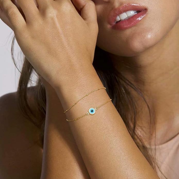 Dainty Gold Bracelets for Women, 14K Gold Plated Adjustable Layered Beads Bracelet Cute Evil Eye Oval Chain Pearl Bar Turtle Gold Bracelets for Women Jewelry