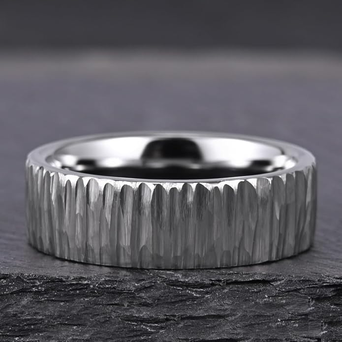 Tungsten Carbide Ring for Men Women 8mm Silvery Hammered Bark Textured Classic Men's Wedding Bands Polished Comfortable Fit Suitable for Party Anniversary