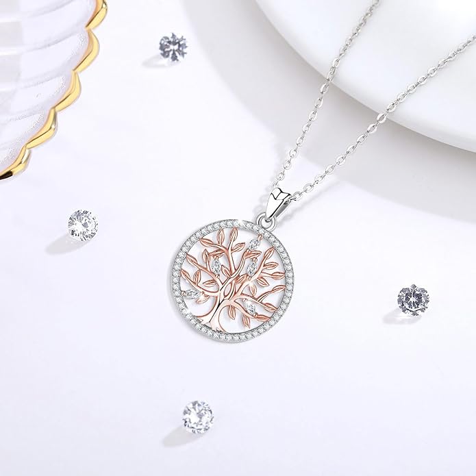 AEONSLOVE Tree of Life Necklace 925 Sterling Silver, Family Tree of Life Pendants Jewelry Gifts for Women Wife Mother, 18 Inch Chain