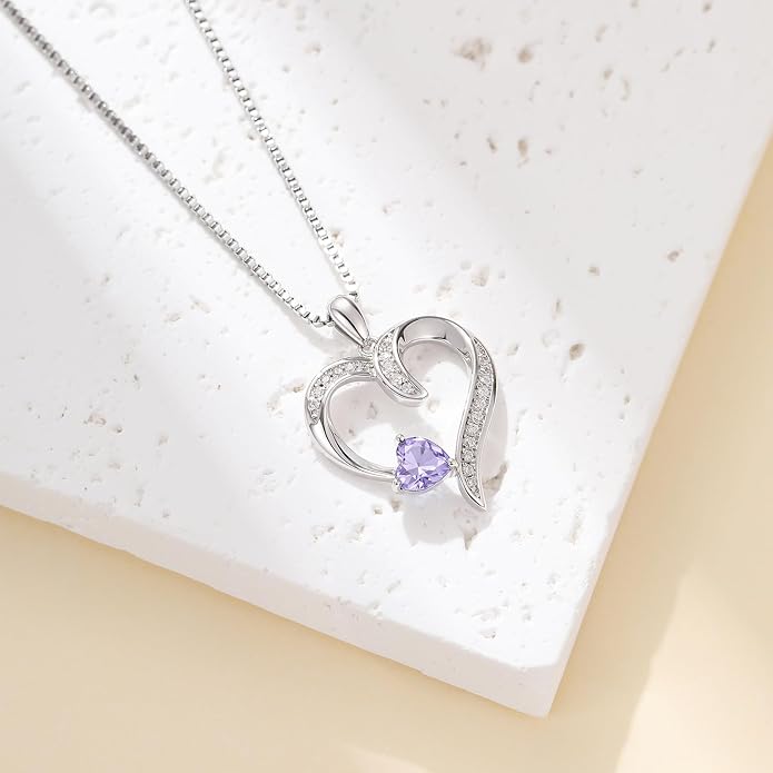 Love Heart Necklace for Women, 925 Sterling Silver Cubic Zirconia Birthstone Heart Pendant Jewelry Gift for Mom, Mother, Wife, Girlfriend on Birthday, Mother's Day, Chain 18 inch
