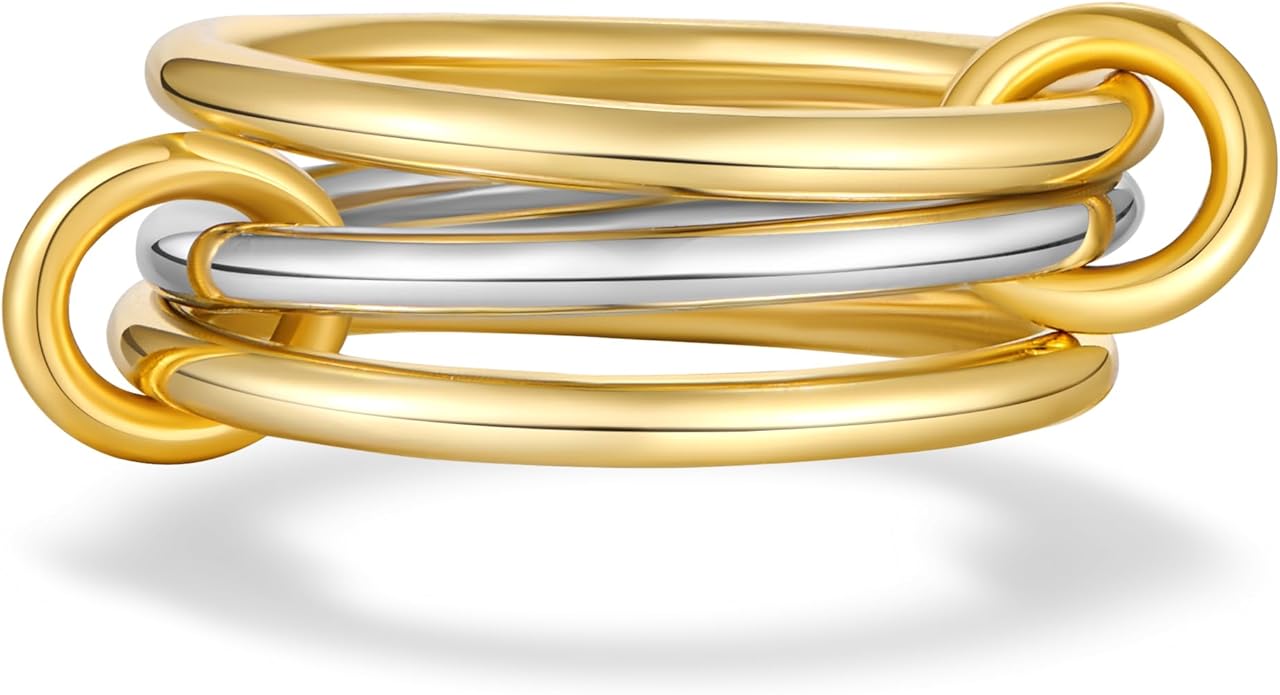 AllenCOCO 14K Gold Plated Stackable Rings, 3 Ring Set with CZ Cubic Zirconia, Gold & Silver Stacked, Interlocking Band for Women Statement