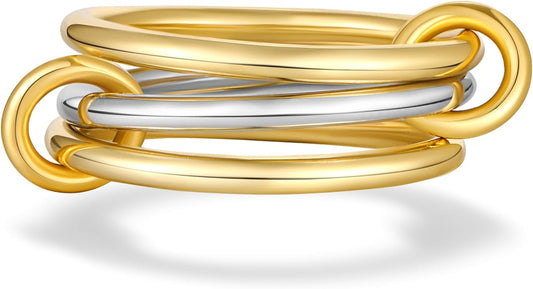 AllenCOCO 14K Gold Plated Stackable Rings, 3 Ring Set with CZ Cubic Zirconia, Gold & Silver Stacked, Interlocking Band for Women Statement