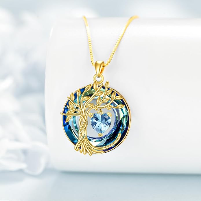 POPLYKE Mothers Day Gifts for Mom Her Wife Tree of Life Necklace 925 Sterling Silver Birthstone Pendant with Crystal Anniversary Birthday Wedding Jewelry for Women