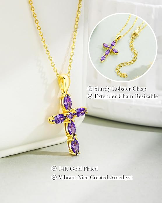 14K Gold Plated 925 Sterling Silver Birthstone Cross Necklace for Women Men