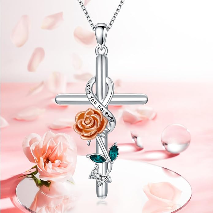 Cross Necklace for Women 925 Sterling Silver I Love You Necklace Religious Jewelry with Gift Box for Mother Daughter