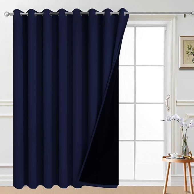 Yakamok Navy Blue Blackout Patio Door Curtain Panels W100 x L84, 1 Panel | Noise Reducing Barrier Panel for Sliding Glass Door, 2 Thick Layers Heat Full Light Blocking Patio Door Drapery