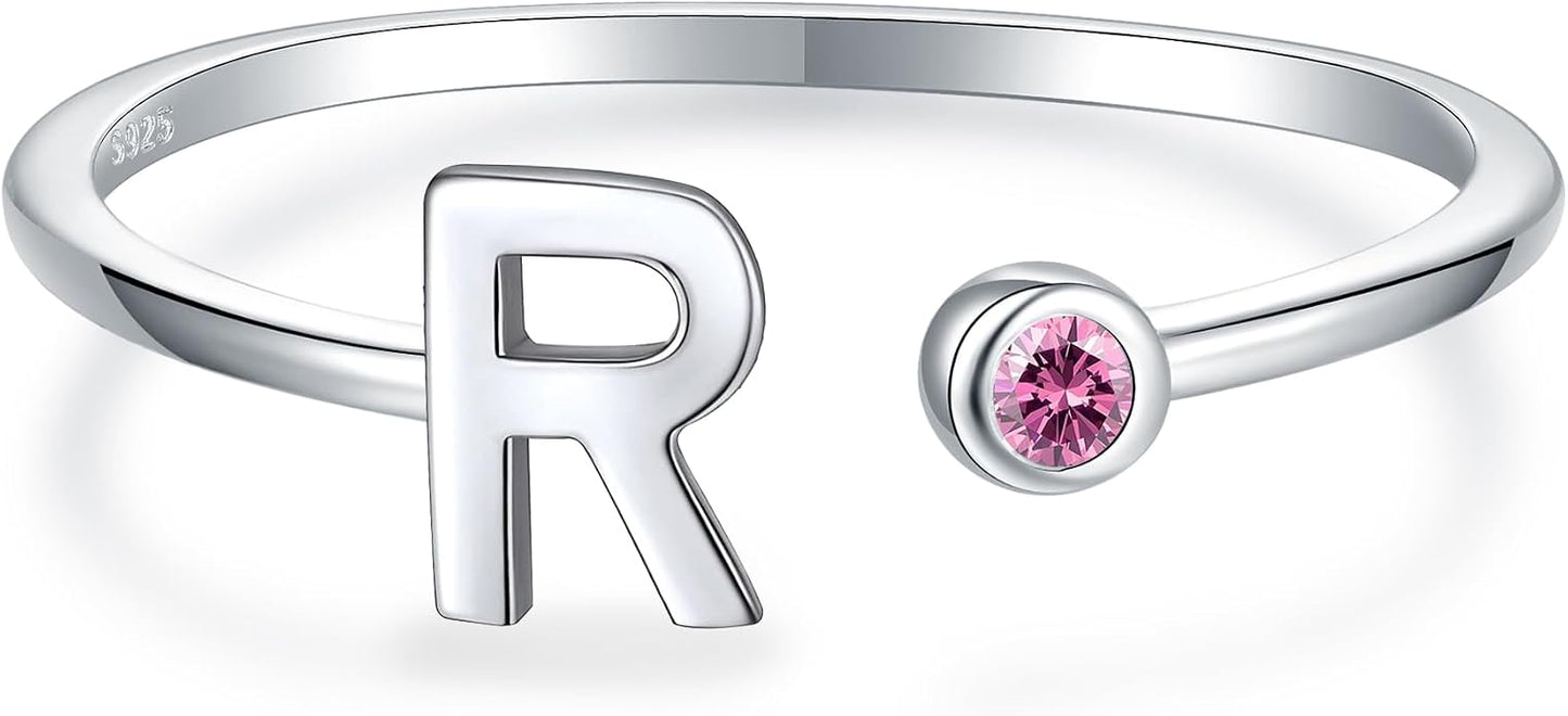 925 Sterling Silver Initial Letter Birthstone Rings for Women Adjustable 1-12 Month Birthstone Alphabet Stacking Ring for Teens Girls Stackable Birthstone Rings Birthday Jewelry Gift for Daughter Mom