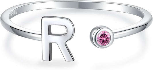 925 Sterling Silver Initial Letter Birthstone Rings for Women Adjustable 1-12 Month Birthstone Alphabet Stacking Ring for Teens Girls Stackable Birthstone Rings Birthday Jewelry Gift for Daughter Mom