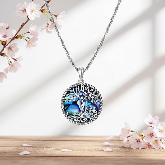 Tree of Life Necklace 18K White Gold Plated Tree of Life Abalone Shell/Crystal Pendant Necklace Family Tree Jewelry Gifts for Women Mothers Day Gifts