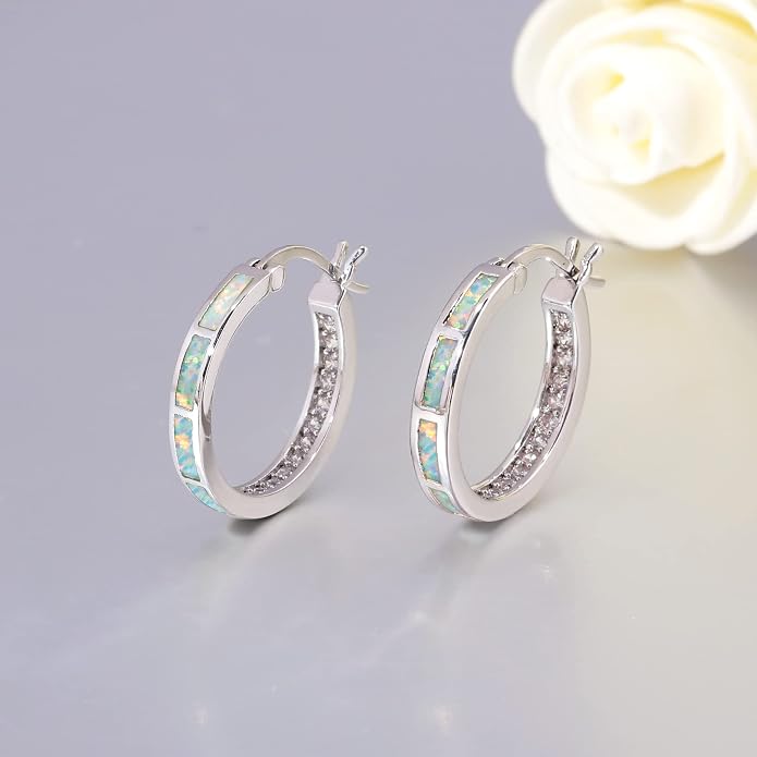 CiNily Sterling Silver/Rose Gold/Yellow Gold Plated Hoop Earrings 20mm,Multicolor Opal Small Hoop Earrings for Women Girls Hypoallergenic Jewelry for Sensitive Ears Gemstone Earrings