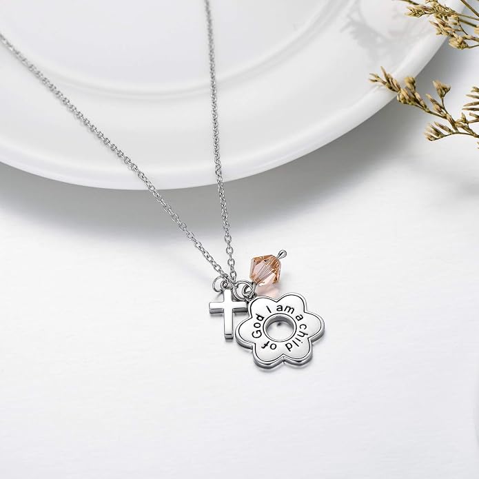 AOBOCO 925 Sterling Silver I Am a Child of God Daisy Necklace Jewelry Birthday Birthday Baptism Communion Gifts for Girls