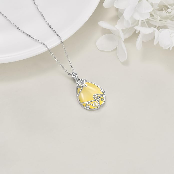 YAFEINI 925 Sterling Silver Moonstone Necklace Filigree Teardrop Pendant Necklace Jewelry for Women Girls