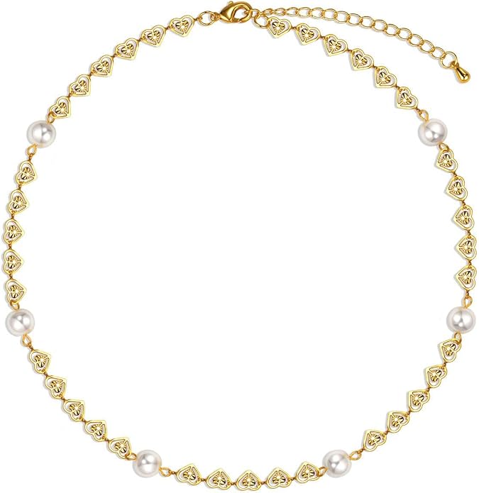 Pearl Necklace Love Heart Choker Link 18k Gold Infinite Elegant Forever Short Satellite Tiny Chain Dainty Cute Statement Valentine's Day Gift Handmade Vintage Jewelry for Women