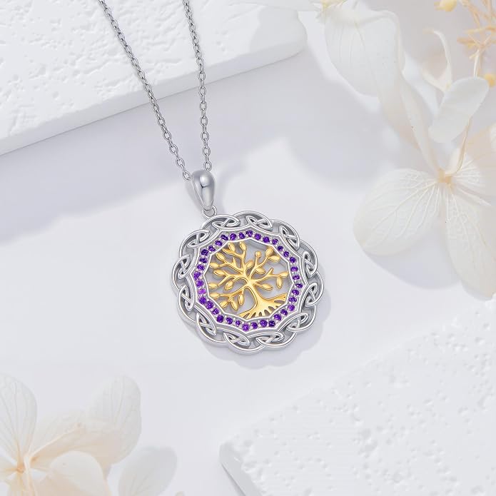 Sterling Silver Birthstone Celtic Tree of Life Necklace, 18K Gold Plated Colored Gemstone Tree of Life Pendant Two-Tone Necklaces Jewelry Birthday Gifts for Women 18" - 20"