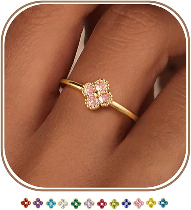 KAERUN Clover Birthstone Gold Rings for Women Non Tarnish 14K Gold Plated Stackable Thumb Ring Dainty Clover CZ Gemstone Emerald Engagement Rings Wedding Band Jewelry for Birthday Gifts Size 6-10