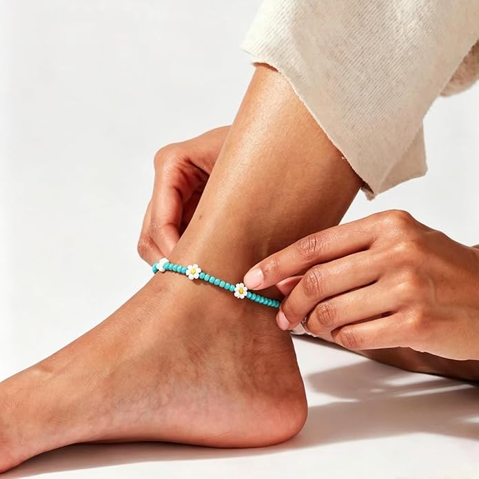 Tgirls Boho Ankle Bracelets for Women Beaded Anklets Chain Beachy Flower Foot Accessories