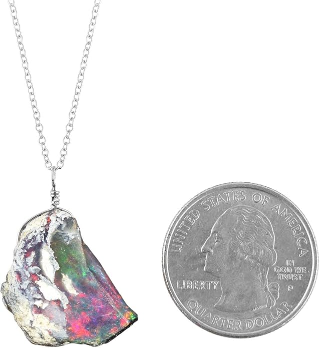 Ultra Fire Raw Ethiopian Opal Rough Dainty Pendant Necklace For Women, Healing Chakra Crystals, Handmade October Birthstone Jewelry, 925 Silver Chain 18 inch, Wedding Gift