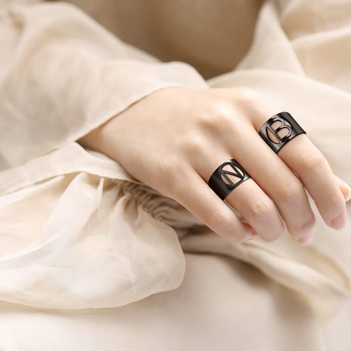 KeyStyle Bold Initial Letter Rings Adjustable, GoldChic Jewelry Women Gold Statement Ring Personalized Engraved Women’s Open Signet Ring for Party (Gold, White Gold, Black)