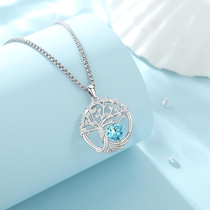 Birthstone Tree of Life Necklace for Women Heart Crystal Pendant Silver Plated Birthday Anniversary Jewelry for Wife, Mom, and Her