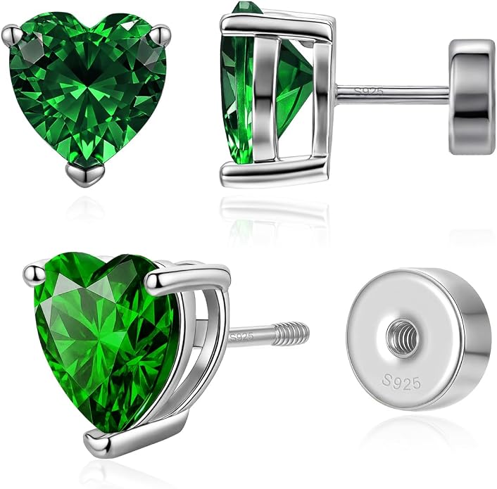 Heart Birthstone Flat Back Stud Earrings, 925 Sterling Silver 18K White Gold Plated, Poke-Free Comfortable Sleep Hypoallergenic Personalized Ear Piercing Jewelry, Mother's Day Birthday Gifts for Women