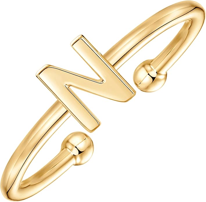 PAVOI 14K Gold Plated Initial Letter Adjustable Ring for Women - Thin Initial Band - Dainty Fashion Jewelry Gifts