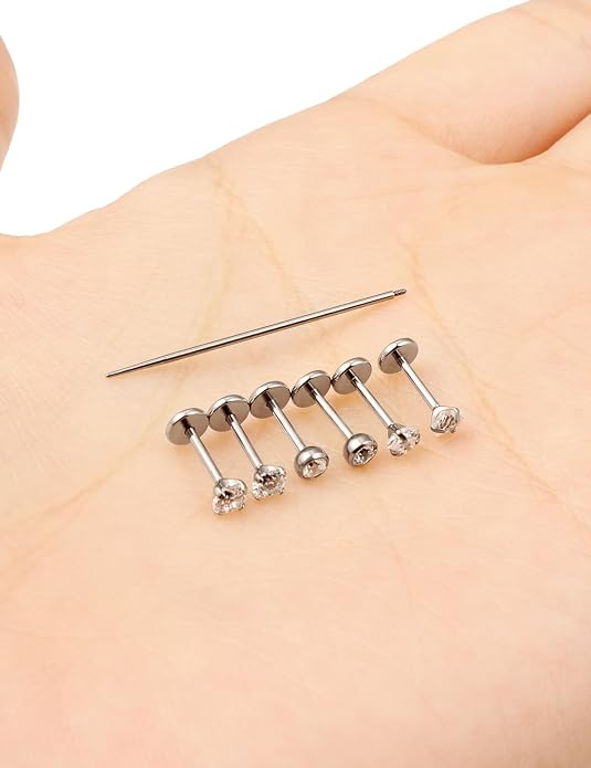 20G 18G 16G F316 Titanium Flat Back Nose Rings Studs Hypoallergenic Screw on Tragus Helix Cartilage Earrings Stud Piercing Jewerly for Women Men Bars 6mm