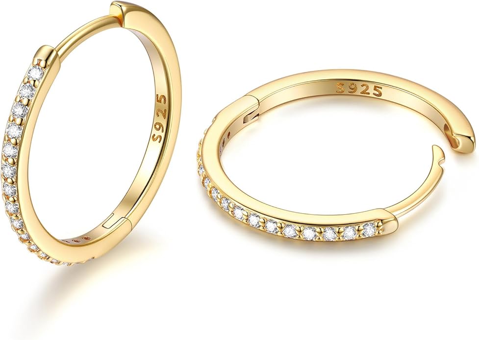 JustBeingCute 925 Sterling Silver Hoop Earrings for Women 14K Gold Plated Small Huggie Earrings Hypoallergenic Cubic Zirconia Cartilage Hoop Earring(8/10/12/14/16/18/20mm)