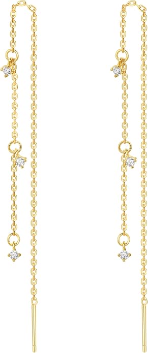 S.Leaf S925 Sterling Silver Threader Chain Earrings 18K Gold Plated Cubic Zirconia Dainty Dangle Double Piercing Long Drop Dangly Pull Through Tassel Chain Earrings Gifts for Women