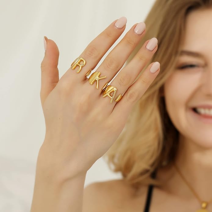 KeyStyle Bold Initial Letter Rings Adjustable, GoldChic Jewelry Women Gold Statement Ring Personalized Engraved Women’s Open Signet Ring for Party (Gold, White Gold, Black)