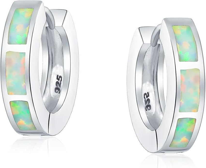 Bling Jewelry White Created Opal Inlay Iridescent Huggie Hoop Earrings .925 Sterling Silver October Birthstone