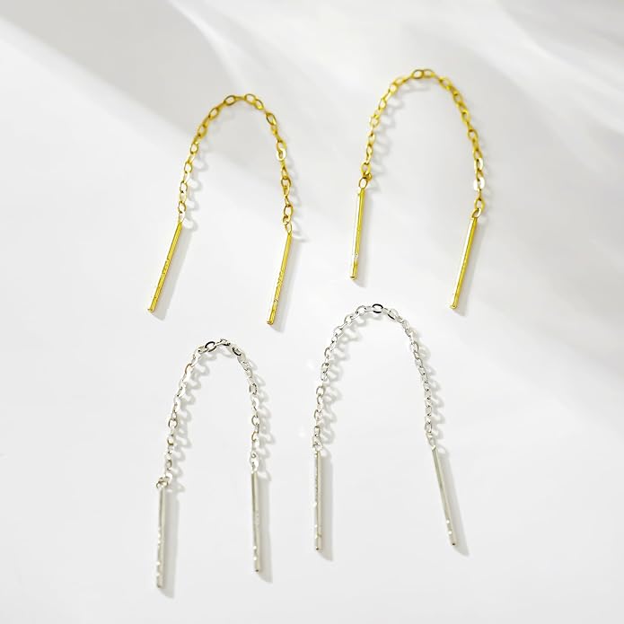 2 Pairs S925 Sterling Silver Chain Threader Earrings For Women Bar Wrap Threader Dangle Drop Earrings Lightweight Minimalist Hypoallergenic Earrings Anniversary Jewelry