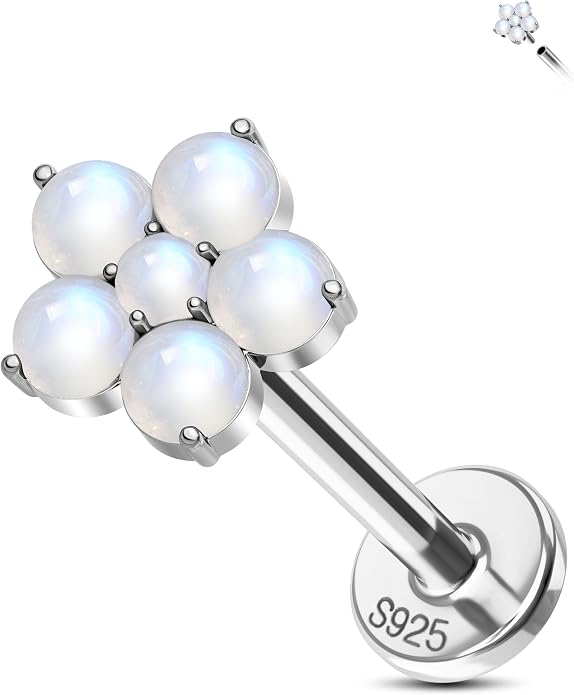 Chrysoprase Moonstone 925 Sterling Silver Hypoallergenic Flat Back Stud Earring Internally Threaded 16G 8mm Fine Piercing Jewelry for Helix Tragus Conch Cartilage Lip