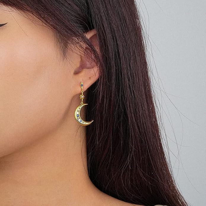 925 Sterling Silver Asymmetric Stud Earrings Colorful Zircon Star Moon Drop Earrings