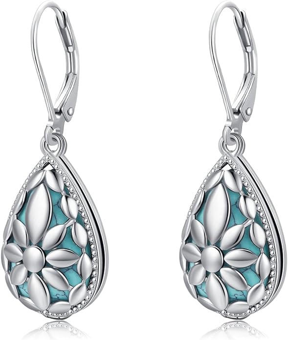 BDL Genuine Turquoise Jewelry for Women, Sterling Silver Earrings and Necklaces for Women, Leverback Dangle Drop Earrings Jewelry