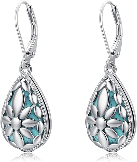 BDL Genuine Turquoise Jewelry for Women, Sterling Silver Earrings and Necklaces for Women, Leverback Dangle Drop Earrings Jewelry